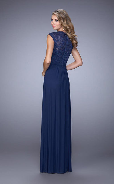 La Femme - Ruched V Neck Cap Sleeves Sheath Long Gown 21685SC - 1 pc Navy In Size 4 Available CCSALE