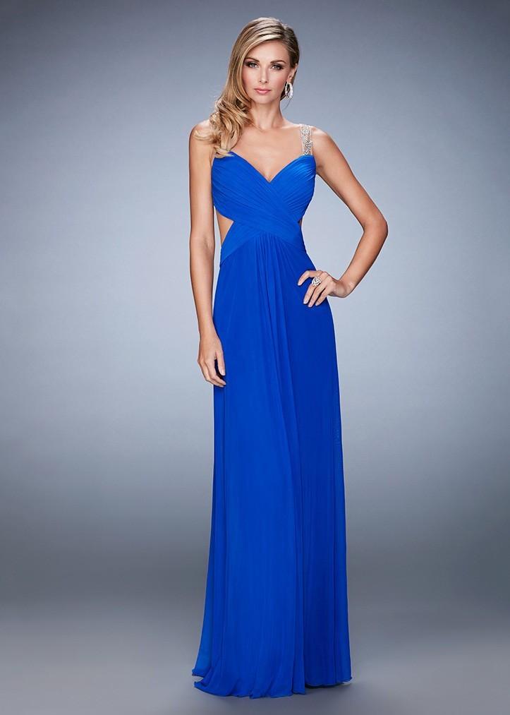 La Femme - Ruched V-neck Column Dress 22304SC - 1 Pc. Saphire Blue In size 8 Available CCSALE 8 / Saphire Blue