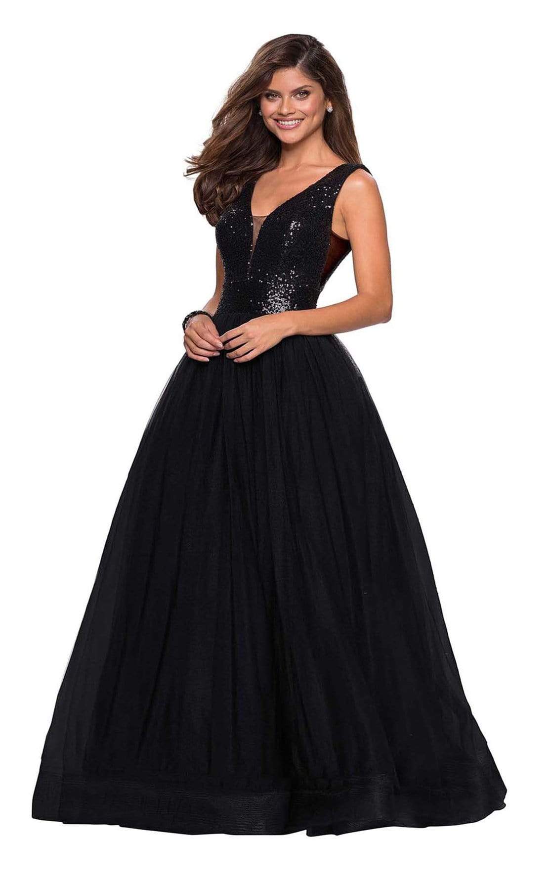 La Femme - Sequined Deep V-neck Tulle Ballgown 27336SC - 2 pcs Black In Sizes 10 and 16 Available CCSALE 10 / Black