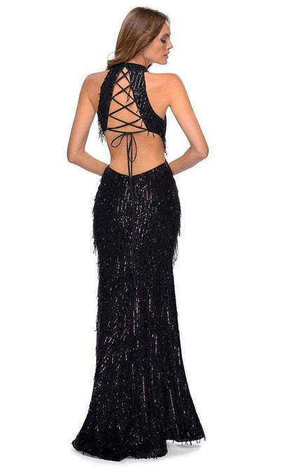 La Femme - Sequined Fringe High Halter Evening Dress 28819SC - 1 pc Black In Size 4 Available CCSALE 4 / Black