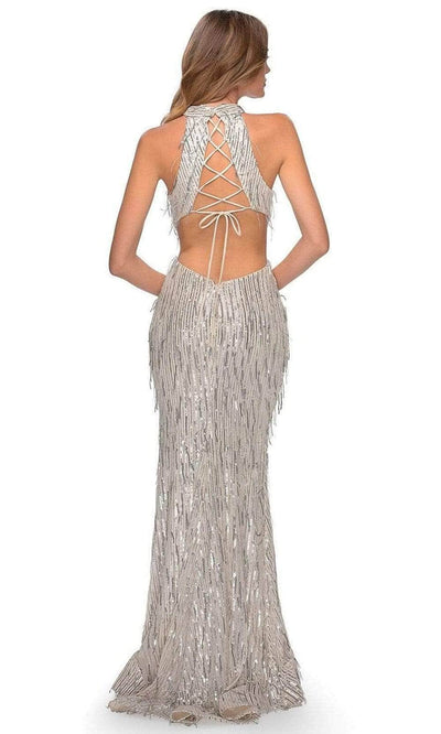 La Femme - Sequined Fringe High Halter Evening Dress 28819SC - 1 pc Silver In Size 0 Available CCSALE