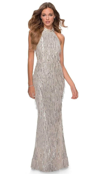 La Femme - Sequined Fringe High Halter Evening Dress 28819SC - 1 pc Silver In Size 0 Available CCSALE