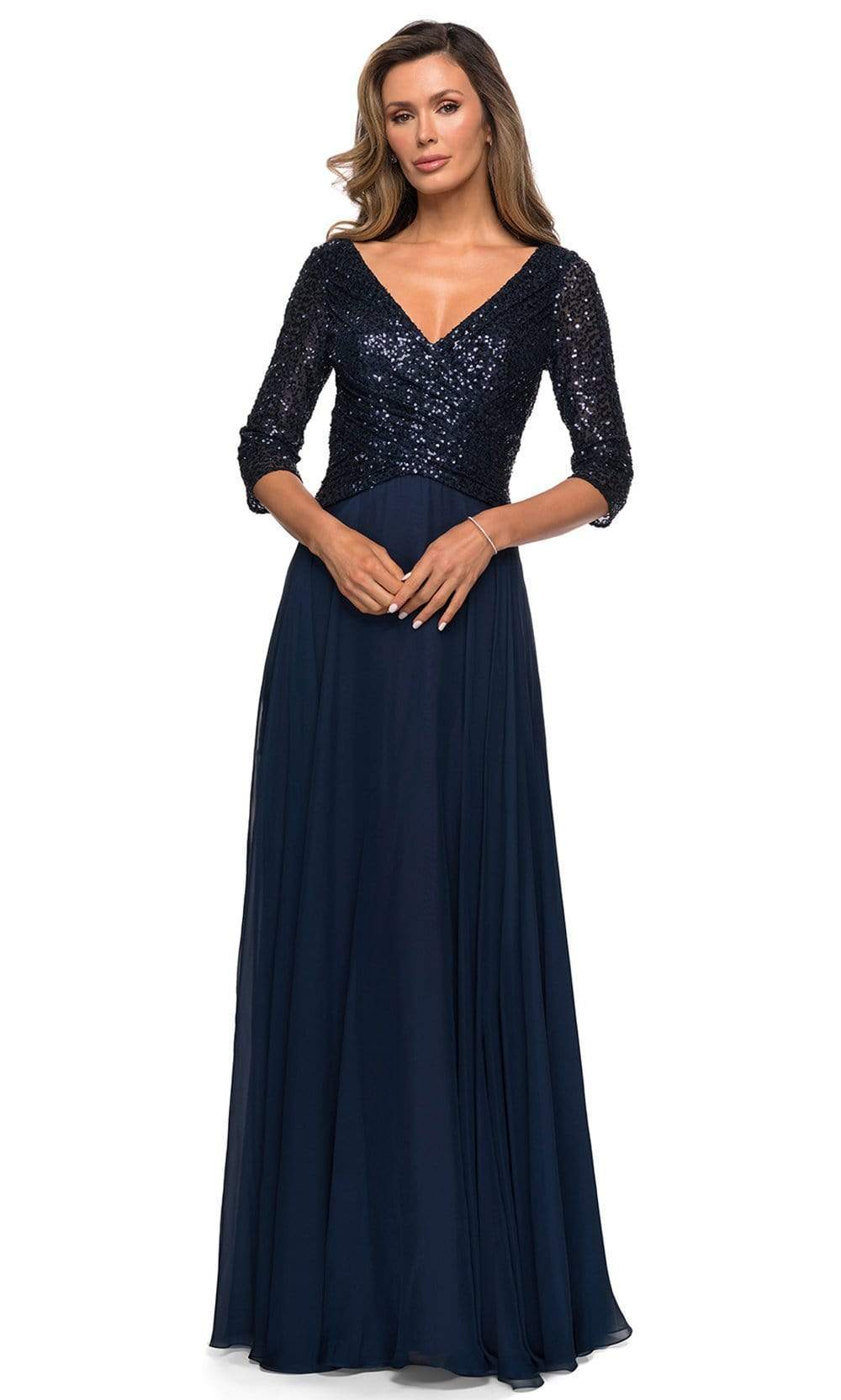 La Femme - Sequined Quarter Length Sleeve Gown 27998SC - 1 pc Navy In Size 10 Available CCSALE 10 / Navy