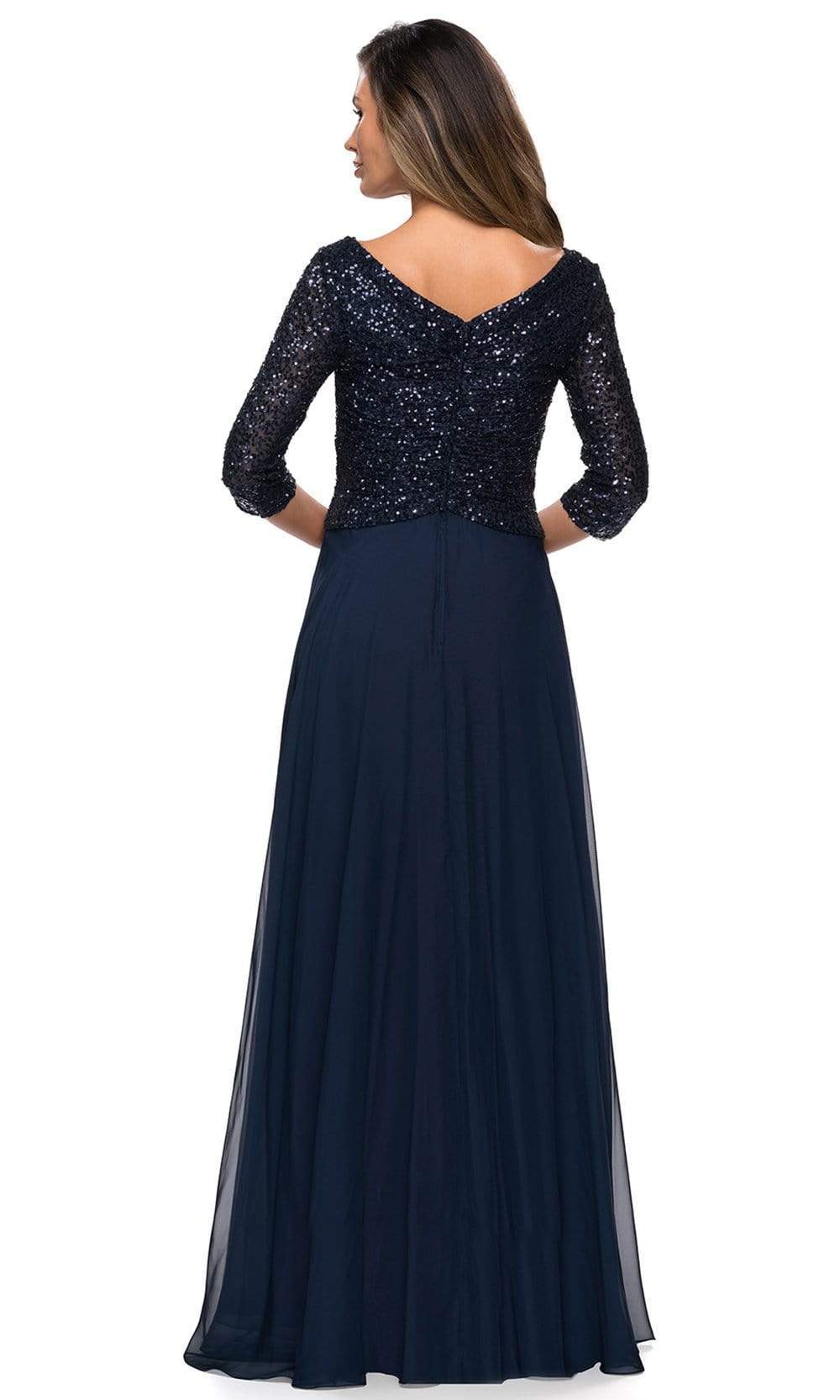 La Femme - Sequined Quarter Length Sleeve Gown 27998SC - 1 pc Navy In Size 10 Available CCSALE 10 / Navy