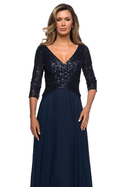 La Femme - Sequined Quarter Length Sleeve Gown 27998SC - 1 pc Navy In Size 10 Available CCSALE 10 / Navy