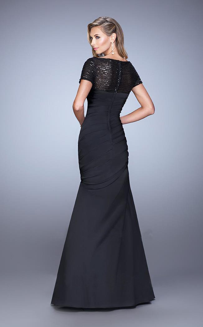 La Femme - Sequined Short Sleeves Draped Mermaid Gown 21670 - 1 pc Black in Size 6 Available CCSALE