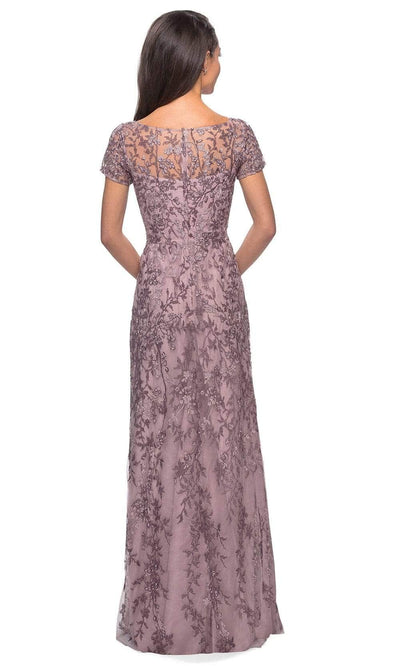 La Femme - Short Sleeve Embellished Bateau Sheath Dress 27956SC - 1 pc Dusty Lilac In Size 12 Available CCSALE