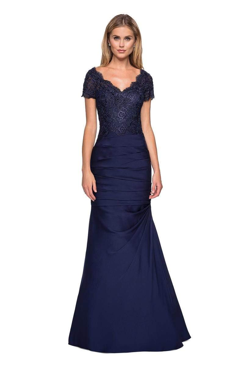 La Femme - Short Sleeve Scalloped Lace Bodice Trumpet Gown 26979SC - 2 pcs Navy In Size 10 and 12 Available CCSALE 10 / Navy
