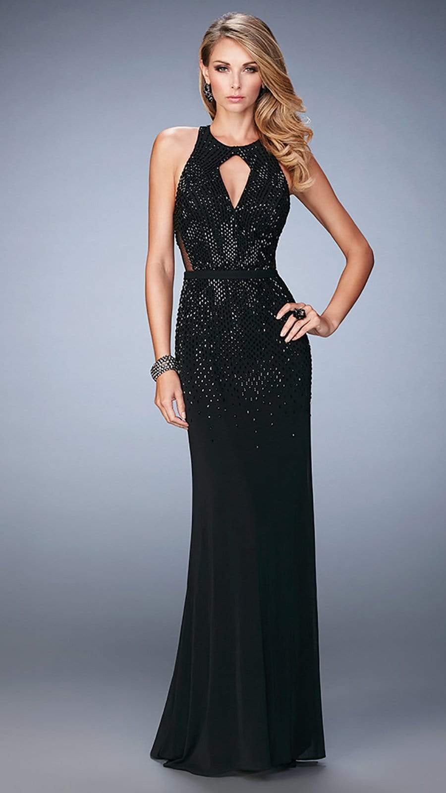 La Femme Sleeveless Halter Sequined Fitted Long Gown 22266SC - 1 Pc Plum ins Size 6, 1 Pc Black in Size 6 Available CCSALE