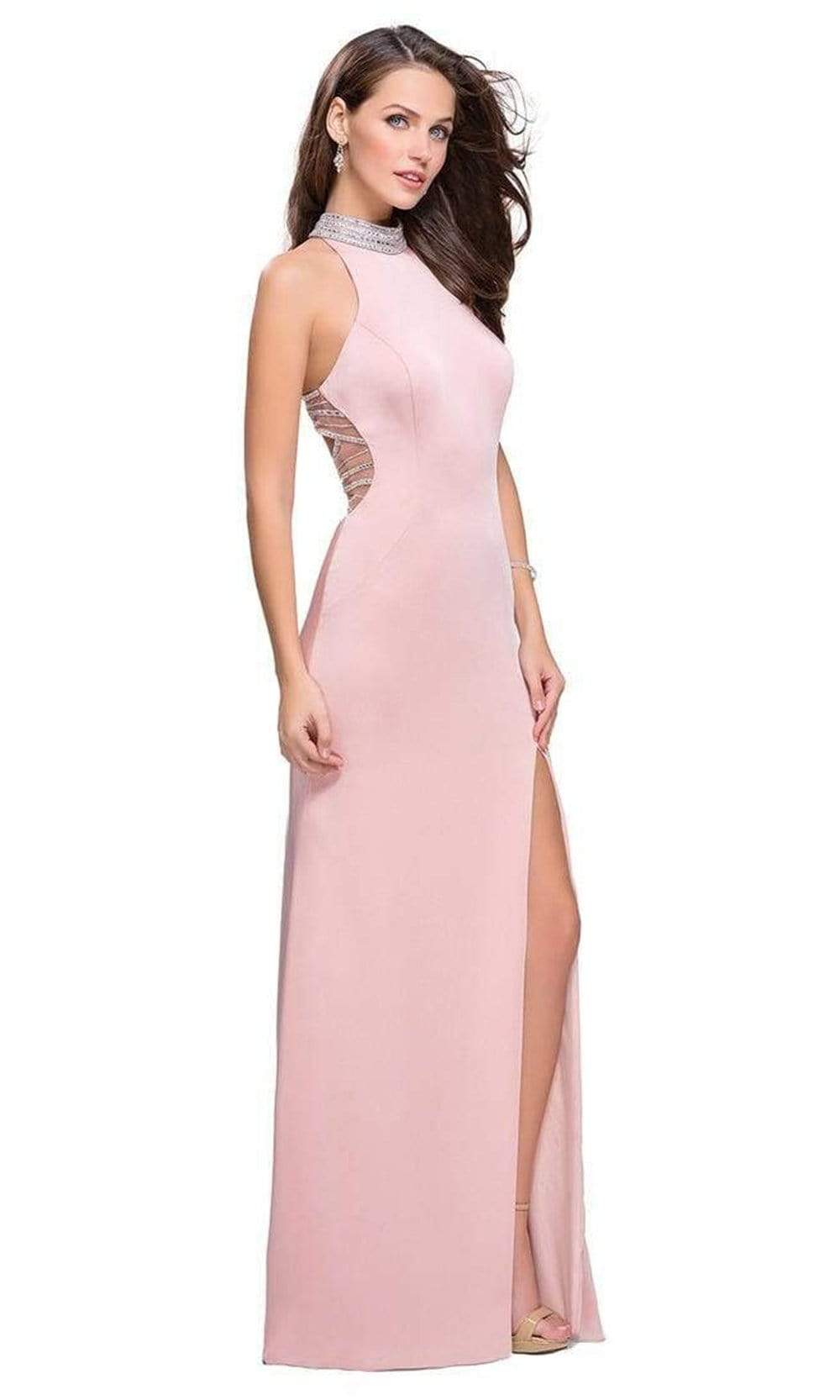 La Femme - Sleeveless High Halter Sheath Dress 25767SC - 1 pc Blush In Size 2 Available CCSALE 2 / Blush