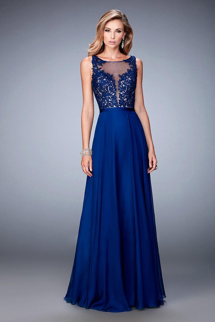 La Femme Sleeveless Lace Illusion Bateau A-line Evening Dress 22407 CCSALE 4 / Marine Blue