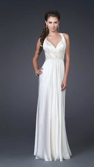 La Femme Sleeveless V Neck Ruched Long Dress 15418SC - 1 Pc Ivory in Size 12 Available CCSALE 12 / Ivory