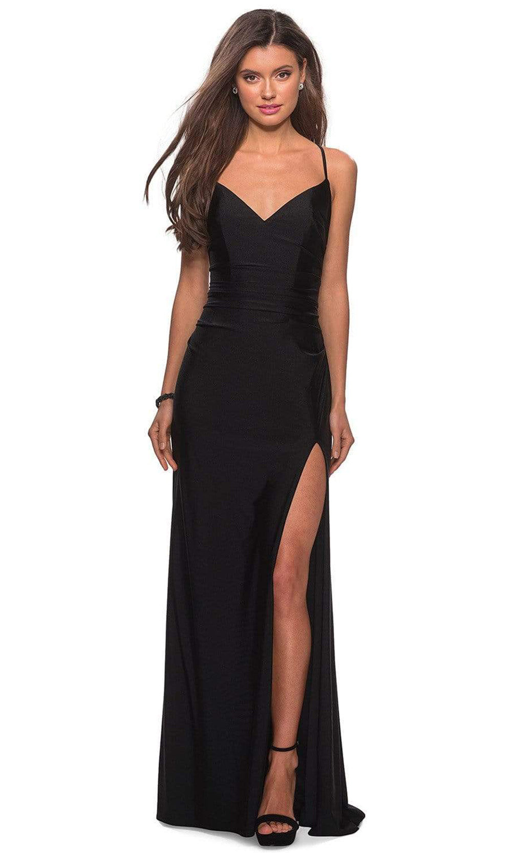 La Femme - Spaghetti Strap High Slit Sheath Dress 28206SC - 1 pc Black In Size 0 Available CCSALE 0 / Black