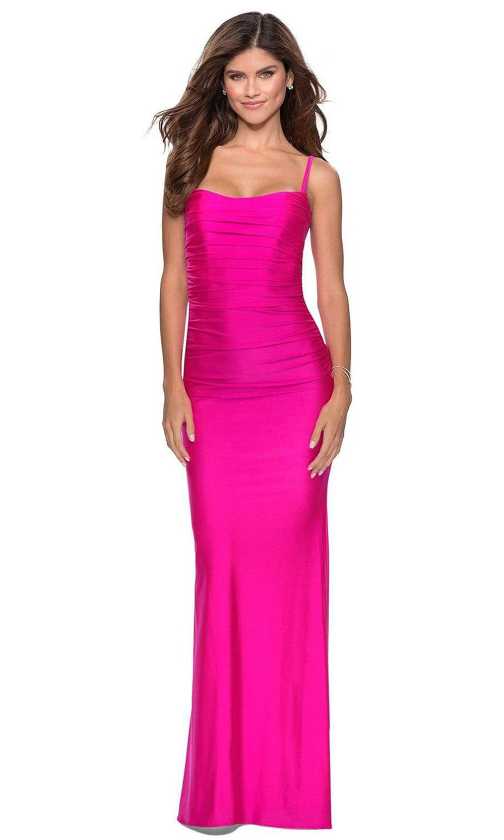 La Femme - Spaghetti Strap Ruched Sheath Dress 28398SC - 1 pc Hot Pink In Size 2 Available CCSALE 2 / Hot Pink