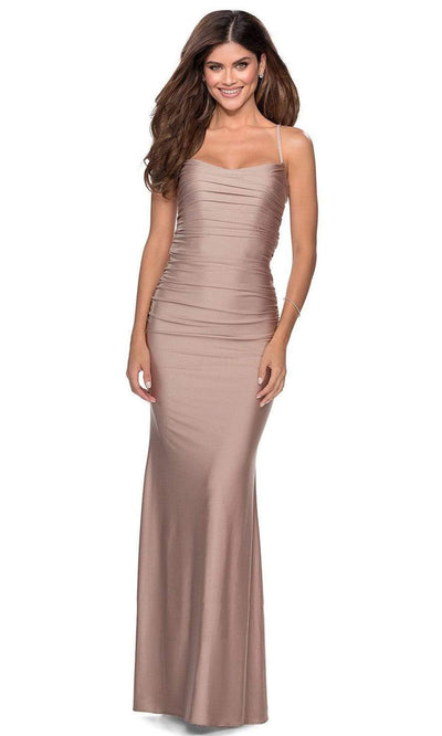 La Femme - Spaghetti Strap Ruched Sheath Dress 28398SC - 1 pc Hot Pink In Size 2 Available CCSALE 2 / Hot Pink