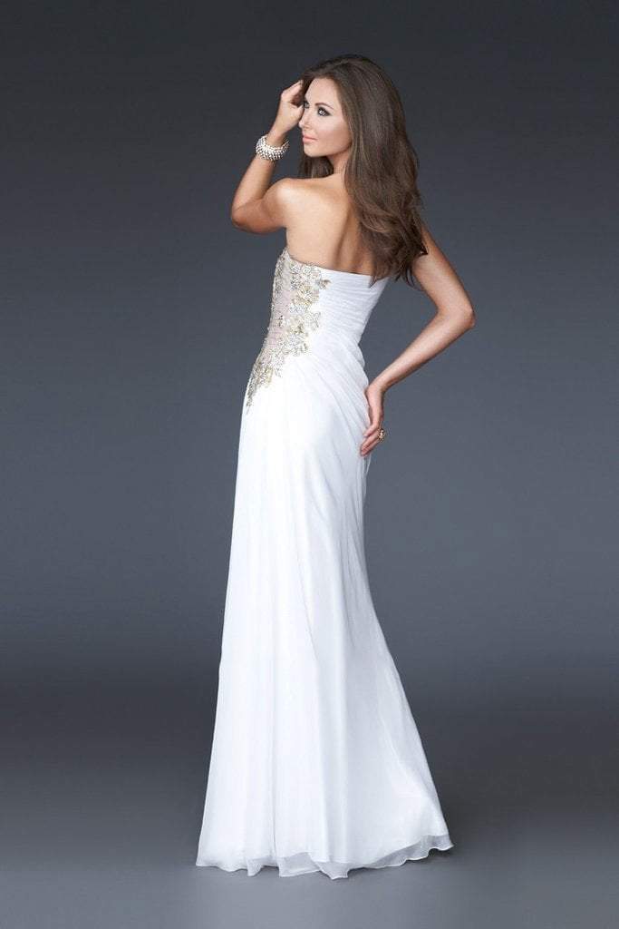 La Femme - Strapless Long Gown with Shimmering Sheer Side 15985 - 1 pc White/Gold In Size 6 Available CCSALE 6 / White/Gold
