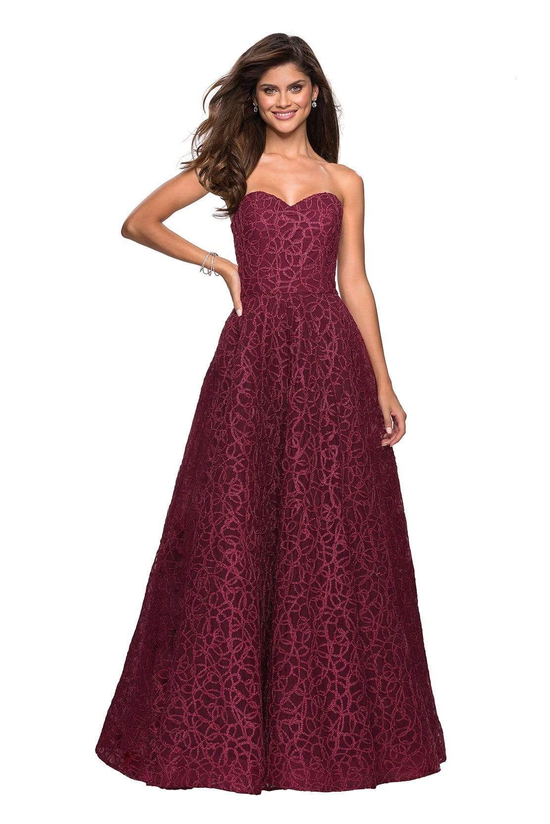 La Femme - Strapless Sweetheart Bodice Metallic Lace Gown 27063SC - 1 pc Burgundy In Size 10 Available CCSALE 10 / Burgundy