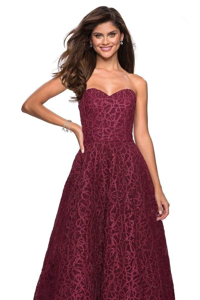 La Femme - Strapless Sweetheart Bodice Metallic Lace Gown 27063SC - 1 pc Burgundy In Size 10 Available CCSALE 10 / Burgundy