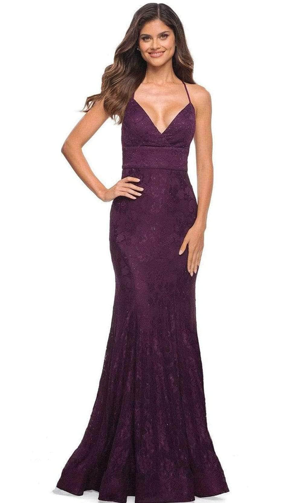 La Femme - Strappy Back Lace Prom Gown 30442SC - 1 pc Dark Berry In Size 4 Available CCSALE 4 / Dark Berry