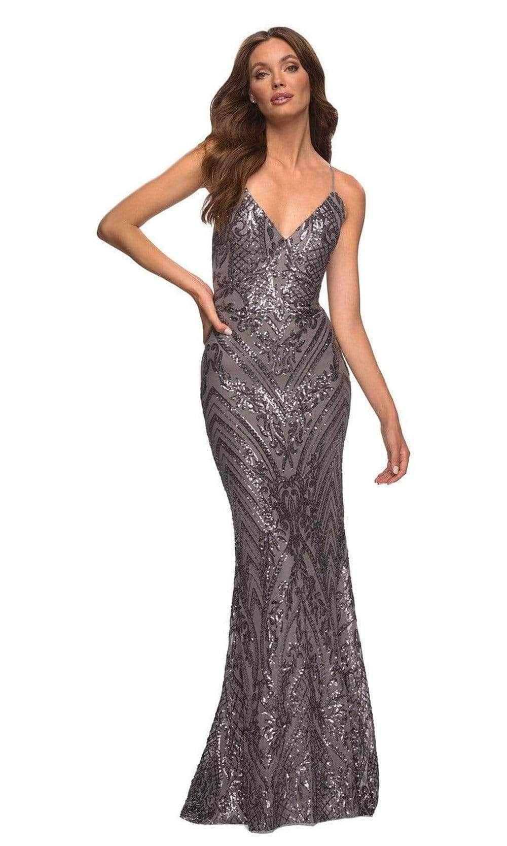 La Femme - Strappy Back Sequin Prom Gown 30496SC - 1 pc Gunmetal In Size 2 Available CCSALE 2 / Gunmetal