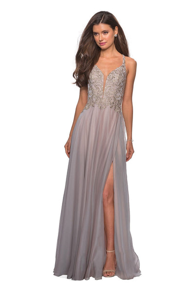 La Femme - Strappy Plunging Gold Lace Appliqued High Slit Dress 27729SC - 1 pc Grey/Pink In Size 6 Available CCSALE 6 / Grey/Pink