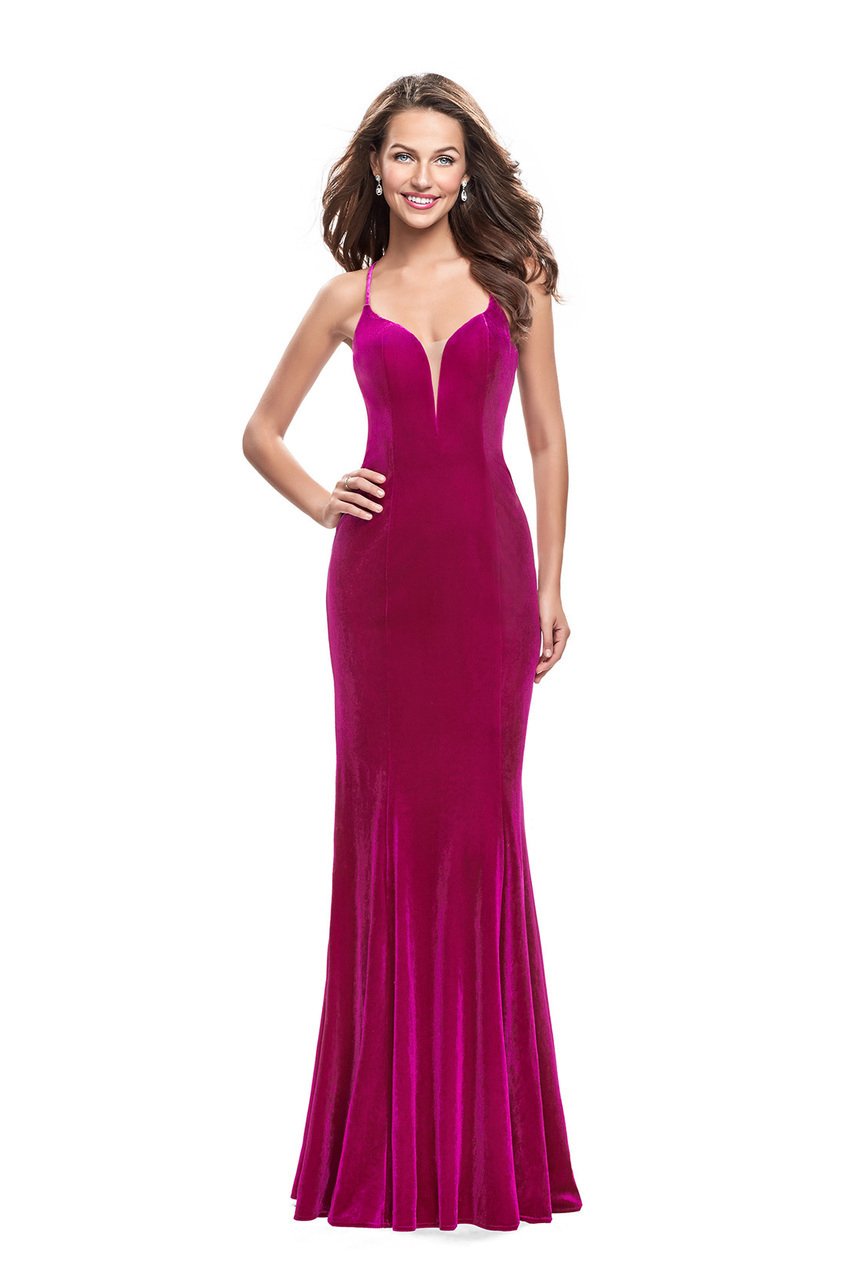 La Femme Strappy Plunging Sweetheart Velvet Sheath Gown 25174 - 1 pc Fuchsia In Size 12 Available CCSALE 12 / Fuchsia