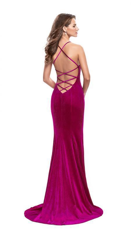 La Femme Strappy Plunging Sweetheart Velvet Sheath Gown 25174 - 1 pc Fuchsia In Size 12 Available CCSALE 12 / Fuchsia