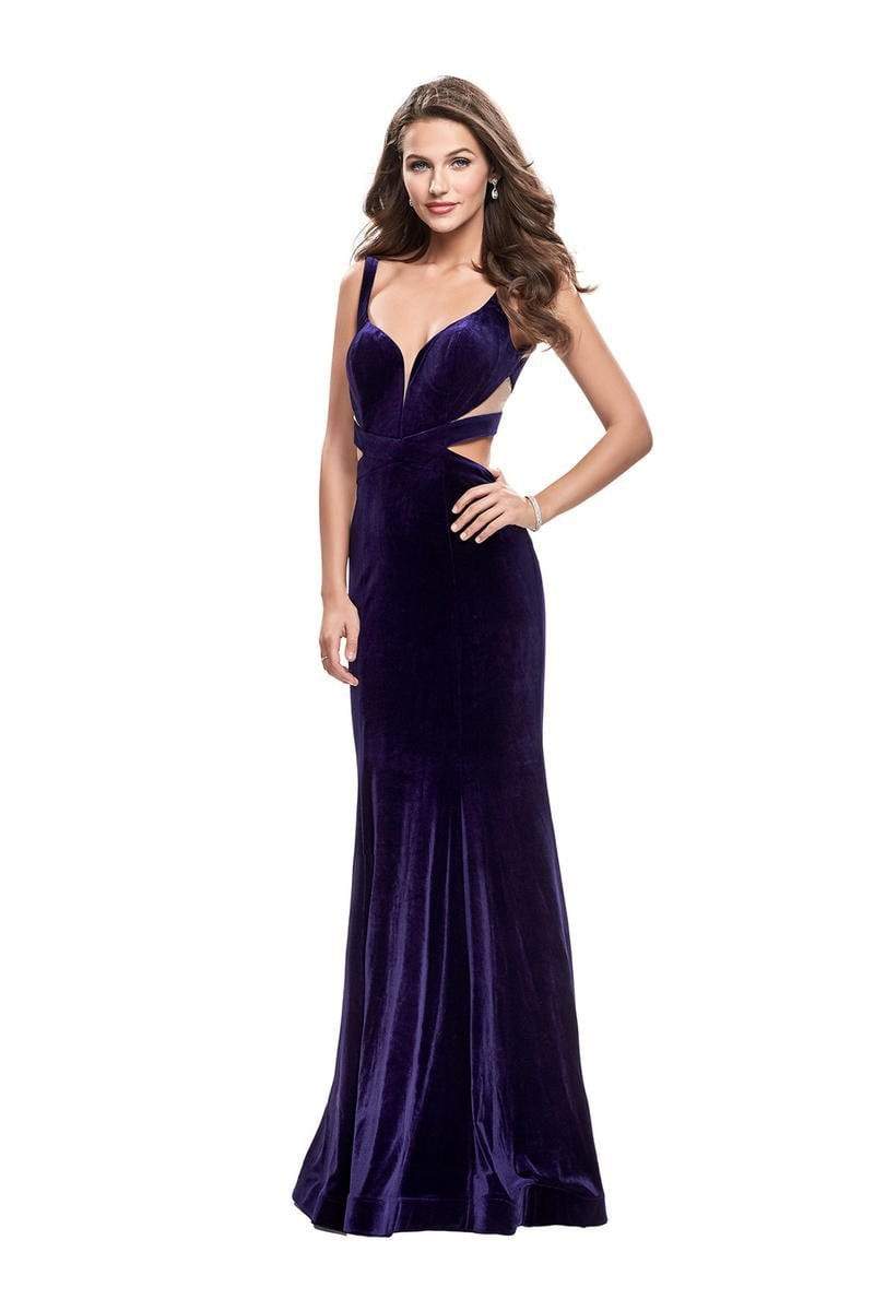 La Femme - Strappy Plunging V-neck Velvet Sheath Dress 25866SC - 1 pc Indigo In Size 0 Available CCSALE 00 / Indigo