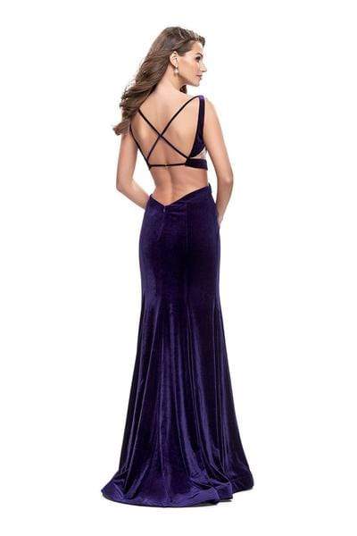 La Femme - Strappy Plunging V-neck Velvet Sheath Dress 25866SC - 1 pc Indigo In Size 0 Available CCSALE 00 / Indigo