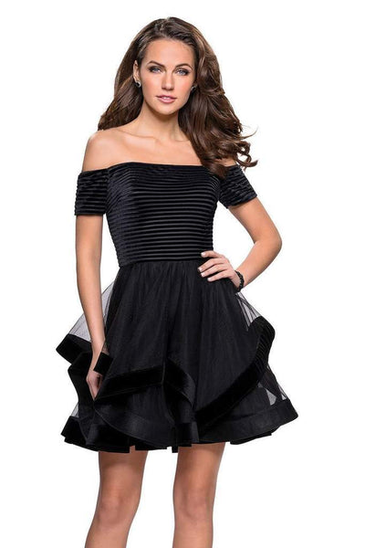 La Femme Stripe Velvet Off Shoulder Tiered Dress 26751 CCSALE 12 / Dark Berry