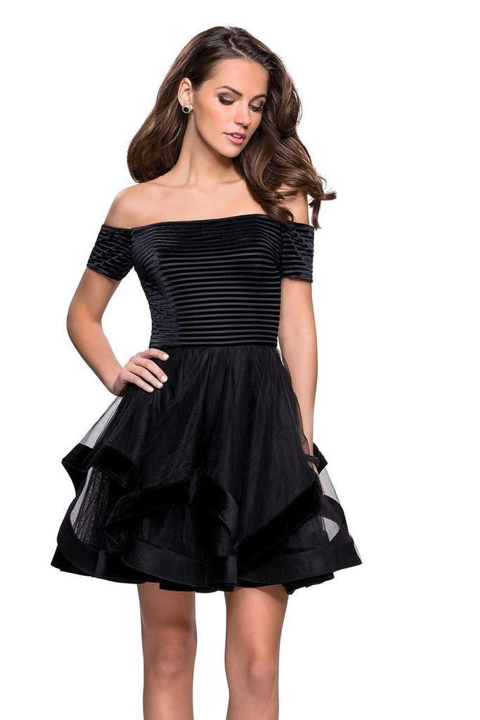 La Femme Stripe Velvet Off Shoulder Tiered Dress 26751 CCSALE 12 / Dark Berry