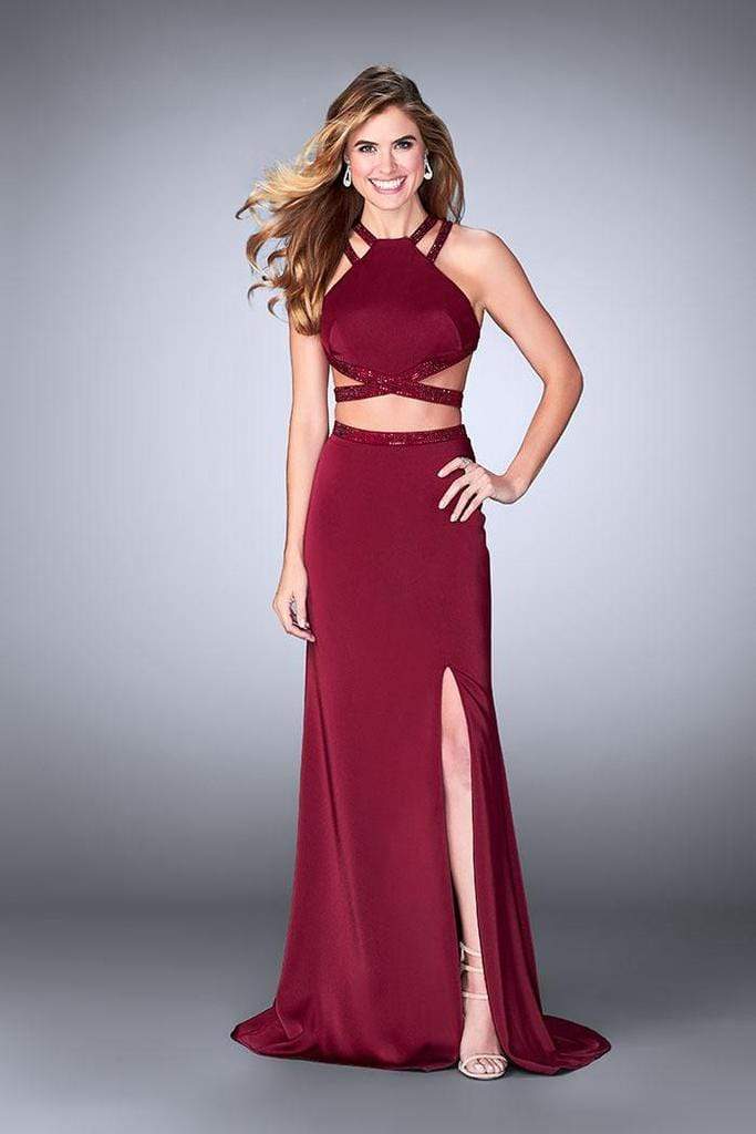 La Femme - Two Piece Beaded Strappy Halter Prom Gown 24420SC - 1 pc Burgundy In Size 8 Available CCSALE 8 / Burgundy