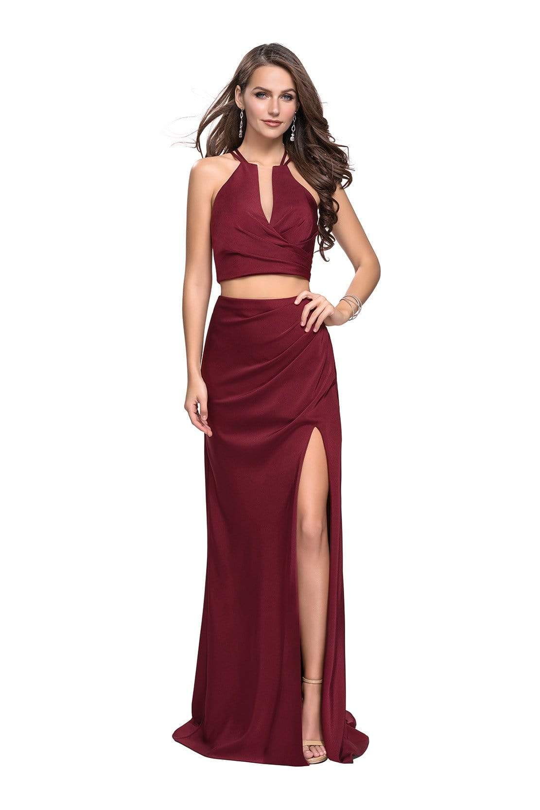 La Femme - Two Piece Deep V-neck Ruched Sheath Dress 25731SC - 1 pc Burgundy In Size 0 Available CCSALE 0 / Burgundy