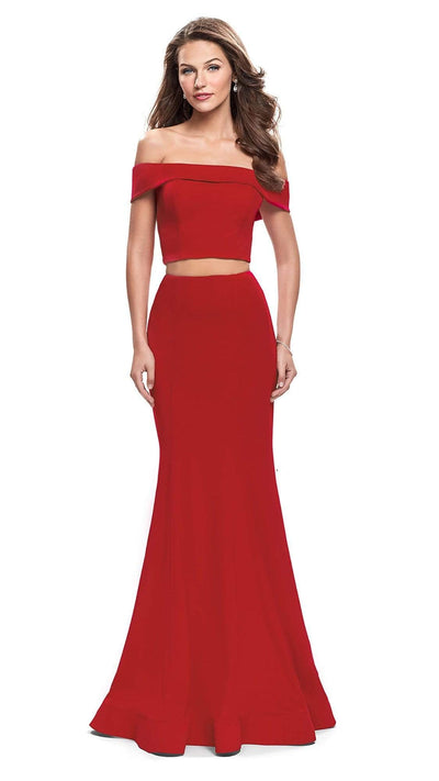 La Femme Two-Piece Fold-Over Off Shoulder Jersey Gown 25578SC - 1 Pc Navy in Size 2 Available CCSALE 2 / Navy