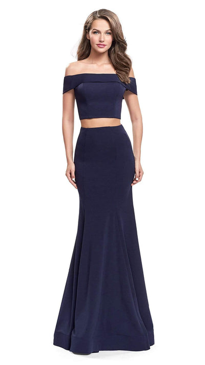 La Femme Two-Piece Fold-Over Off Shoulder Jersey Gown 25578SC - 1 Pc Navy in Size 2 Available CCSALE 2 / Navy