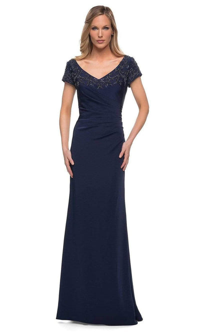 La Femme - V-Neck Fitted Evening Dress 28321SC - 1 pc Silver In Size 12 Available CCSALE 12 / Silver