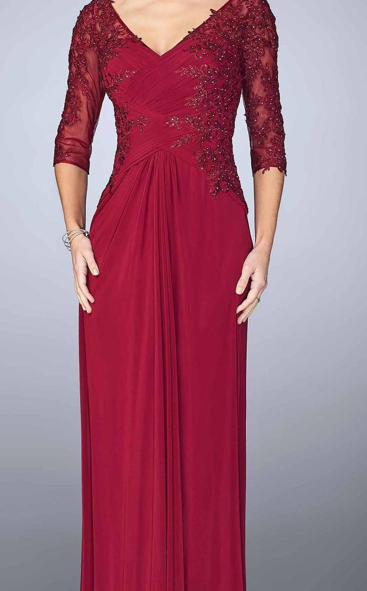 La Femme V-Neck Lace Quarter Length Sleeves Ruched Dress 23118 - 1 pc ADASA La Femme V-Neck Lace Quarter Length Sleeves Ruched Dress 23118 - 1 pc ADASA