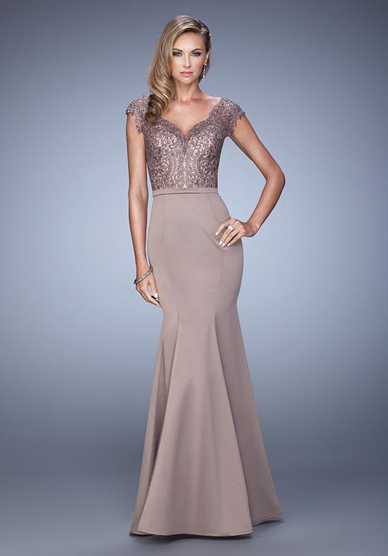 La Femme V-Neck Laced Cap Sleeves Trumpet Dress 21702SC - 1 pc Cocoa In Size 2 Available CCSALE 2 / Cocoa