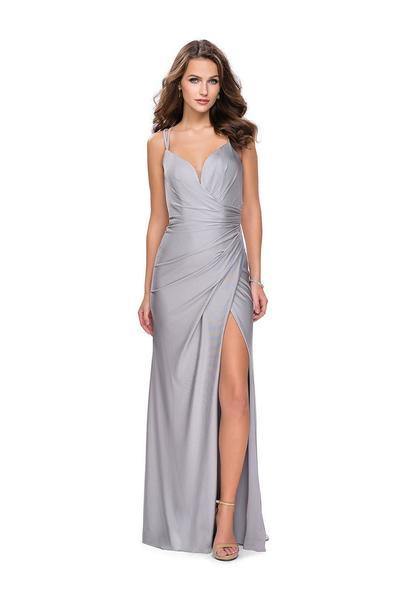 La Femme - V-neck Side Wrap Jersey Sheath Dress 26317SC - 1 pc Silver In Size 4 Available CCSALE 4 / Silver
