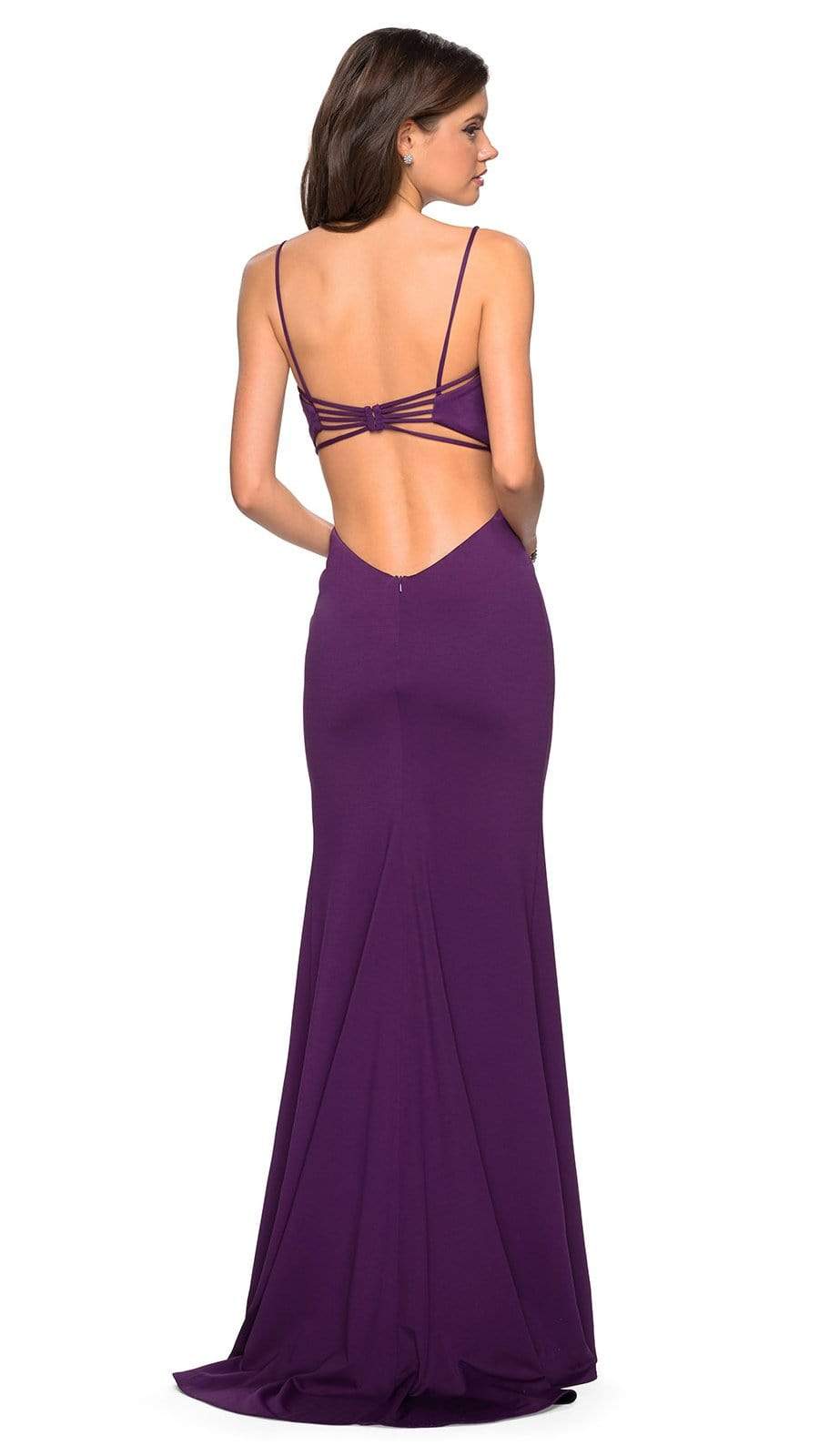 La Femme - V-Neck Strappy Open Back Evening Dress 27516SC -  1 pc Royal Blue in Size 00 and 1 pc Plum in Size 10 Available CCSALE 10 / Plum