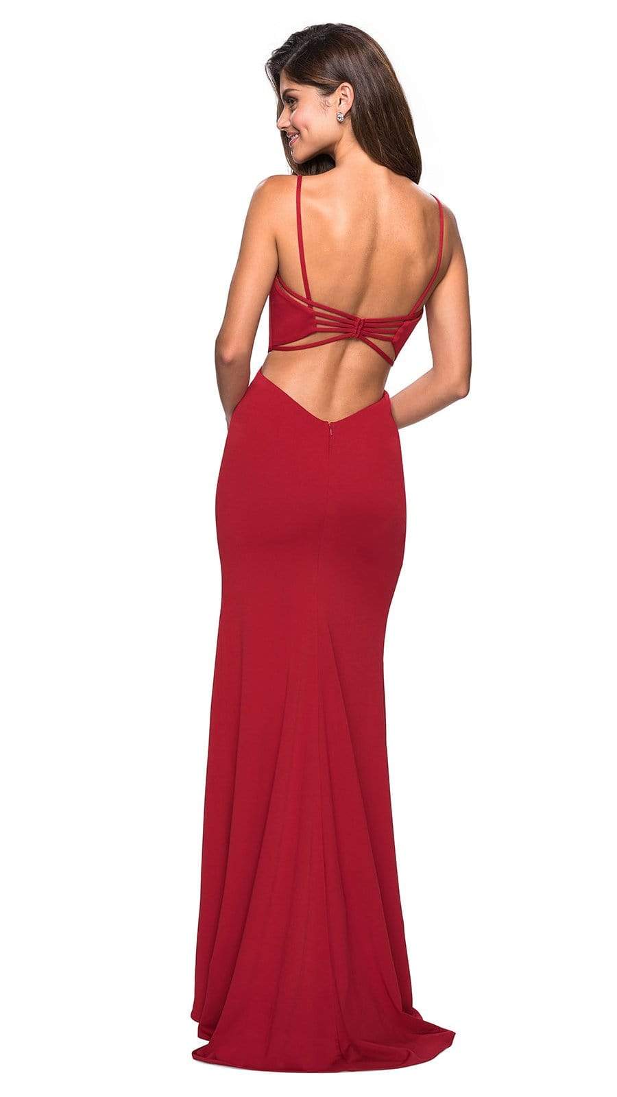 La Femme - V-Neck Strappy Open Back Evening Dress 27516SC -  1 pc Royal Blue in Size 00 and 1 pc Plum in Size 10 Available CCSALE