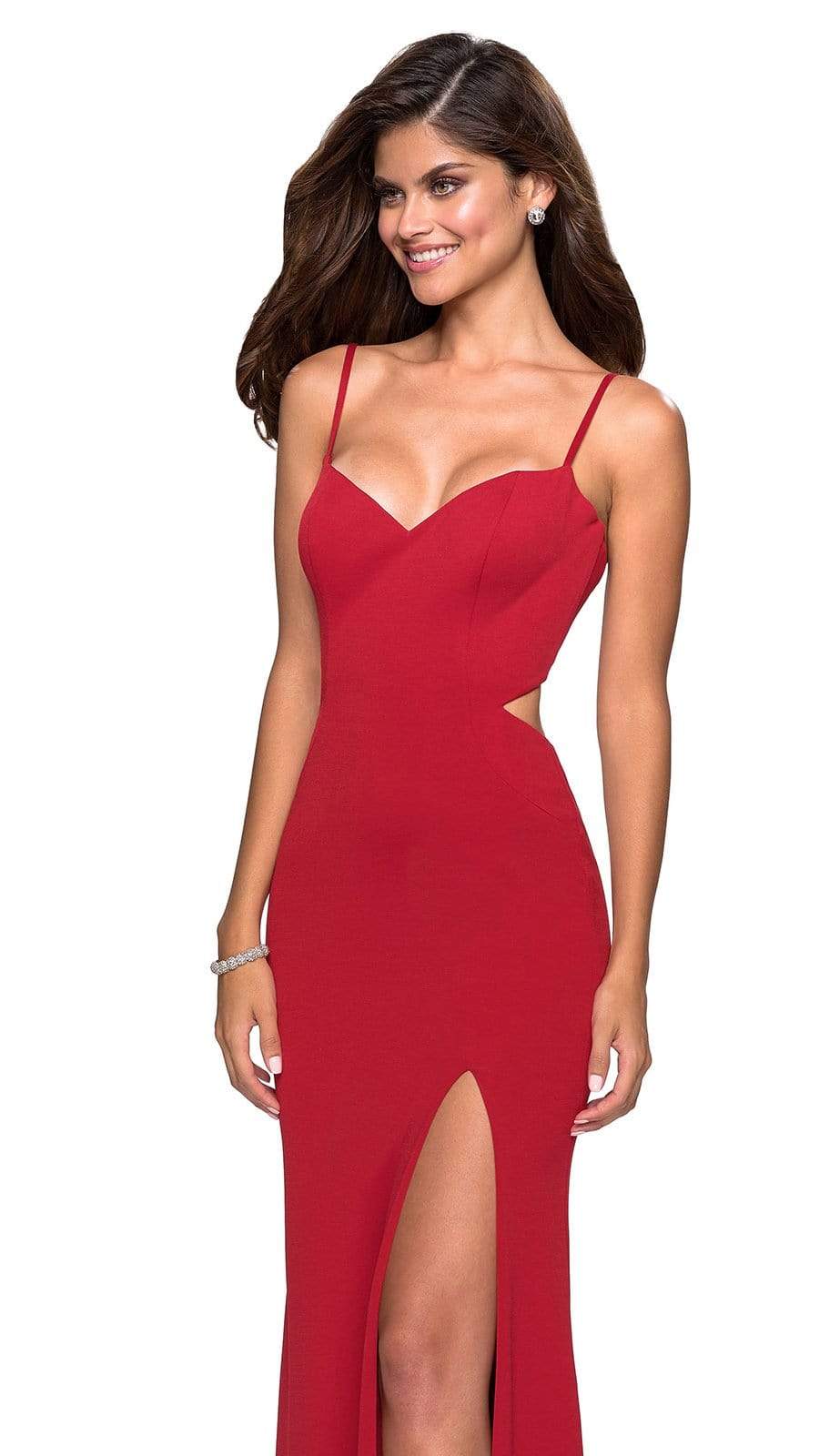 La Femme - V-Neck Strappy Open Back Evening Dress 27516SC -  1 pc Royal Blue in Size 00 and 1 pc Plum in Size 10 Available CCSALE