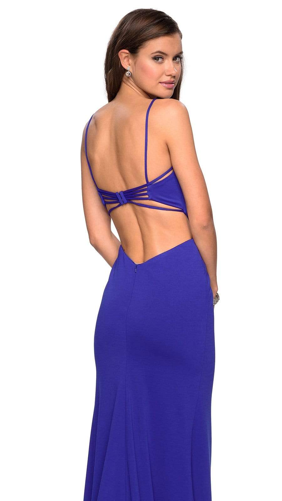 La Femme - V-Neck Strappy Open Back Evening Dress 27516SC -  1 pc Royal Blue in Size 00 and 1 pc Plum in Size 10 Available CCSALE