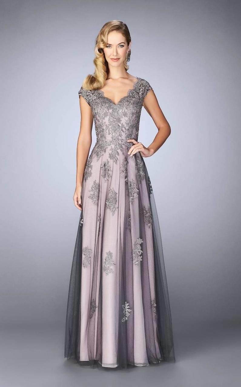 La Femme - V-Neck Two Tone Lace Evening Gown 23449SC - 1 pc in Pink/Gray in Size 16 Available CCSALE 10 / Pink/Gray