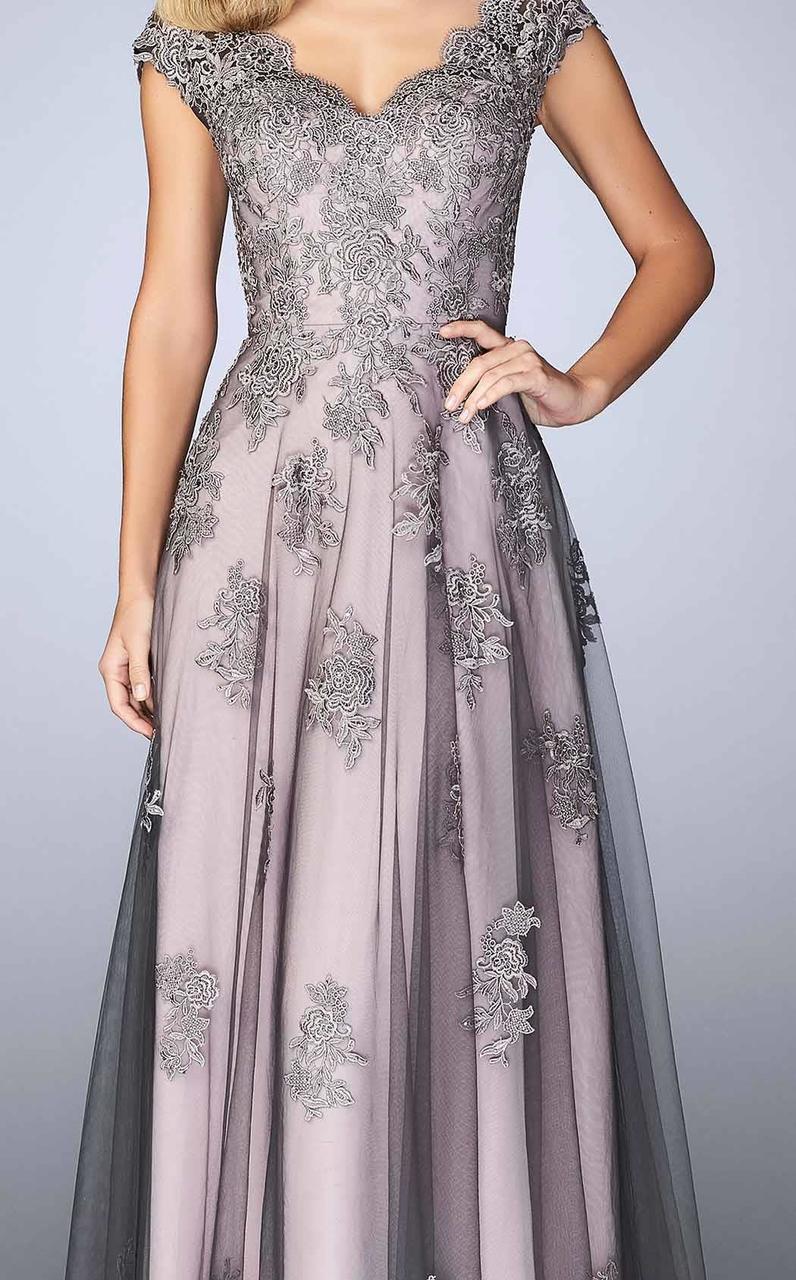 La Femme - V-Neck Two Tone Lace Evening Gown 23449SC - 1 pc in Pink/Gray in Size 16 Available CCSALE