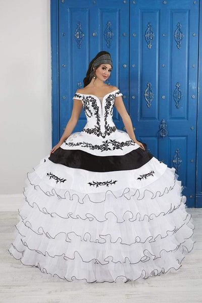 LA Glitter - 24050 Applique Plunging Off-Shoulder Tiered Ballgown Special Occasion Dress 0 / White/Black/Silver