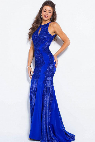 Jovani - Fitted Beaded Lace Halter Evening Dress JVN55869 in Blue