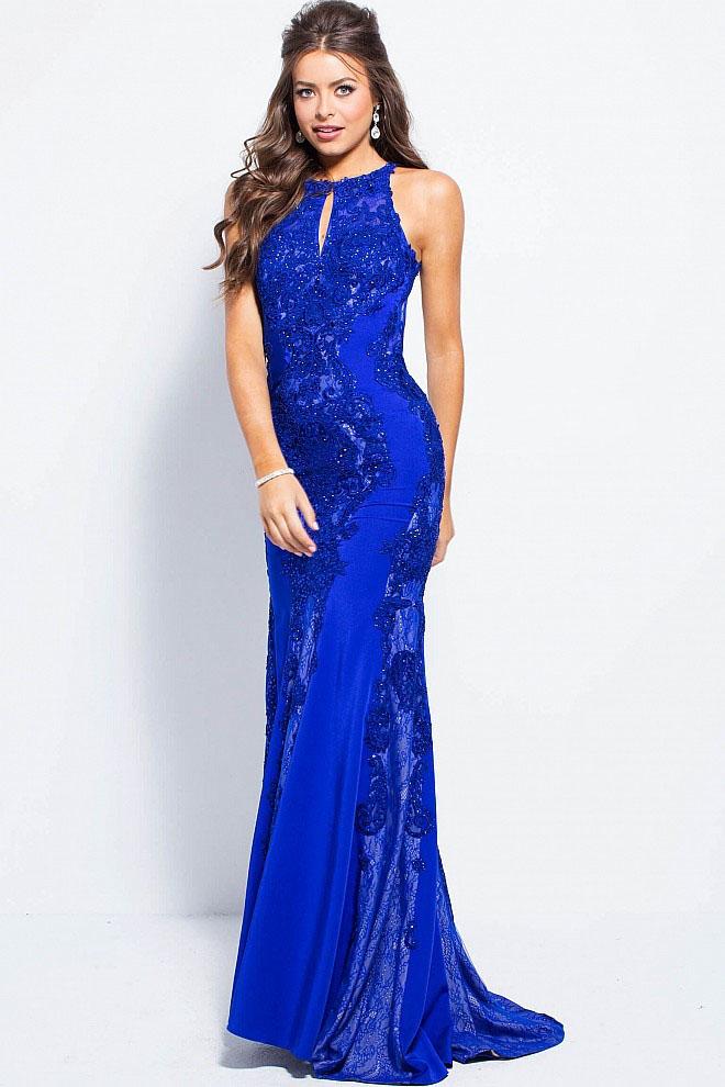 Jovani - JVN55869 Beaded Lace Halter Sheath Dress in Blue
