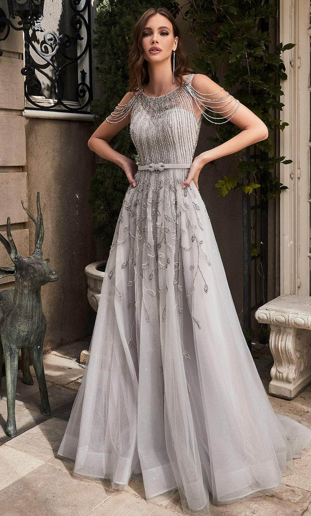 Ladivine B710 - Long A-Line Dress - Fringe Beads, Bow Belt, Beads, Leaf Pattern, Tulle, Glitters, Horsehair Hem, Floor Length, Sweep Train ADASA Ladivine B710 - Long A-Line Dress - Fringe Beads, Bow Belt, Beads, Leaf Pattern, Tulle, Glitters, Horsehair Hem, Floor Length, Sweep Train ADASA