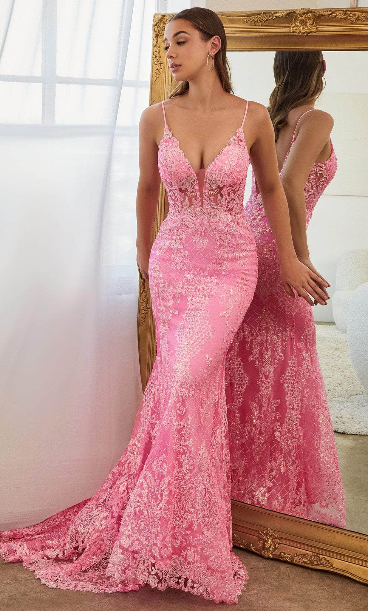 Ladivine CC2189 - Sheer Embellished Prom Dress Prom Dresses 2 / Neon Pink